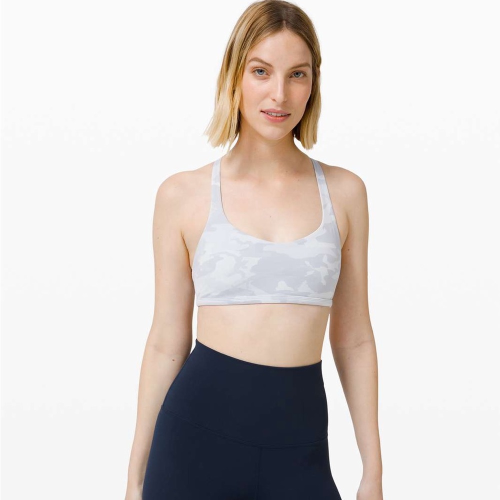 Size 2, Lulu Lemon Free To Be Wild Bra in Incognito Camo Jacquard Alpine White.